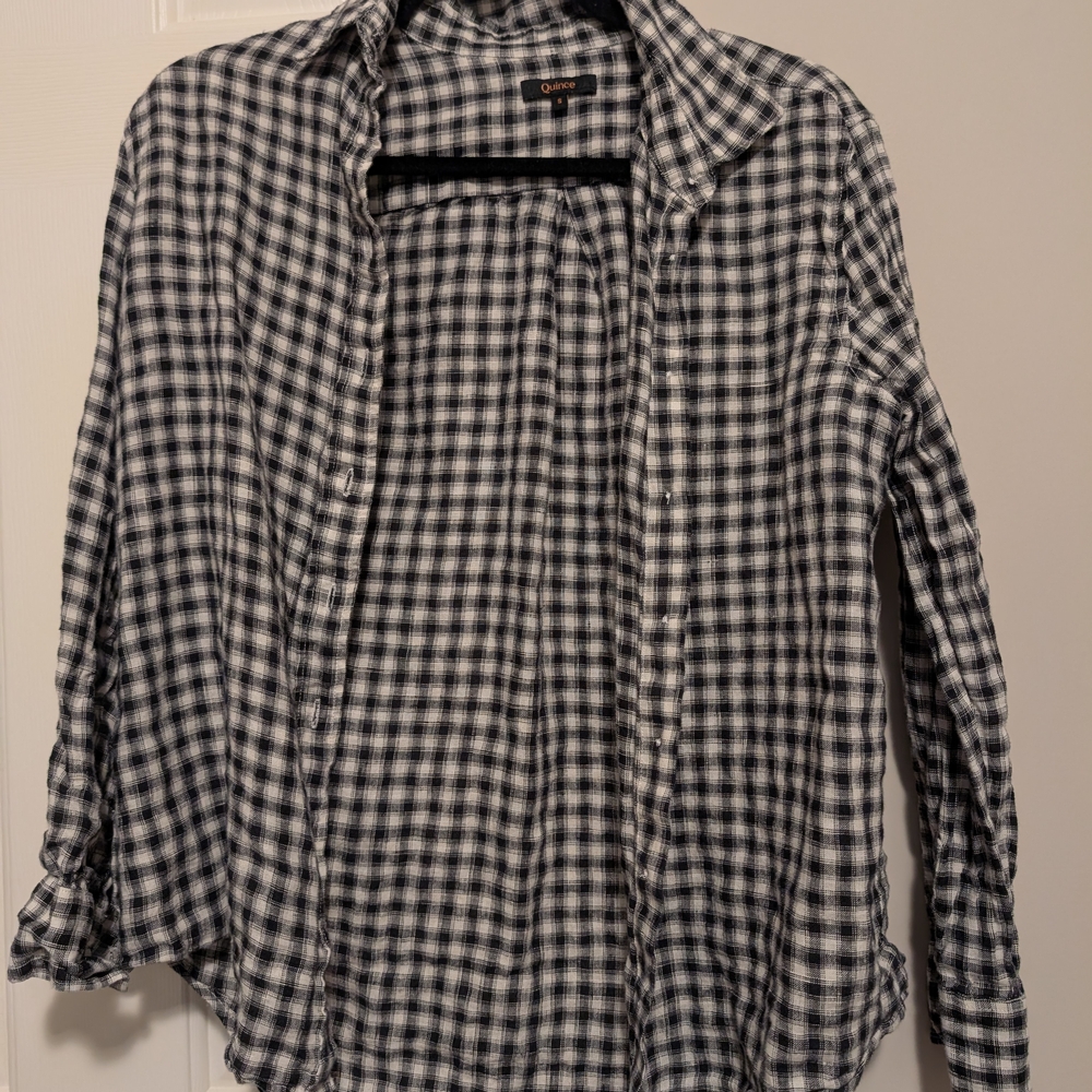 Quince Khaki Black Gingham 100% European Linen Women's Long Sleeve Shirt